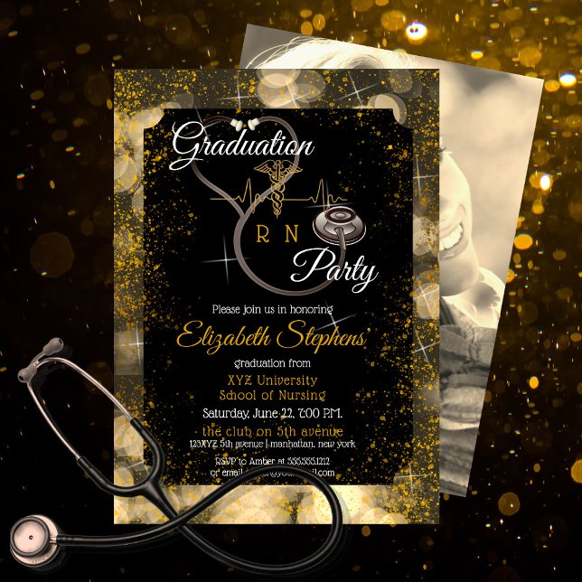 Bokeh Nurse Stethoscope EKG Graduation Party Invitation (Creator Uploaded)