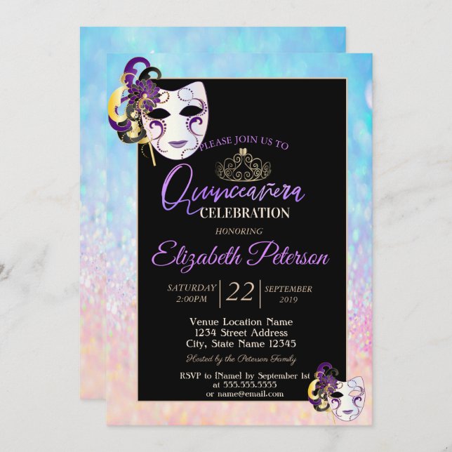 Bokeh OmbreTiara, Masquerade  Quinceañera Invitation (Front/Back)