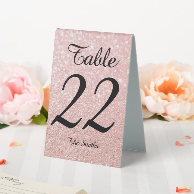 Bokeh Pale Rose Gold Glitter Modern Calligraphy Table Tent (In SItu (Wedding))
