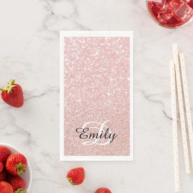 Bokeh Pale Rose Gold Glitter Personalized Monogram Paper Guest Towels (Insitu)