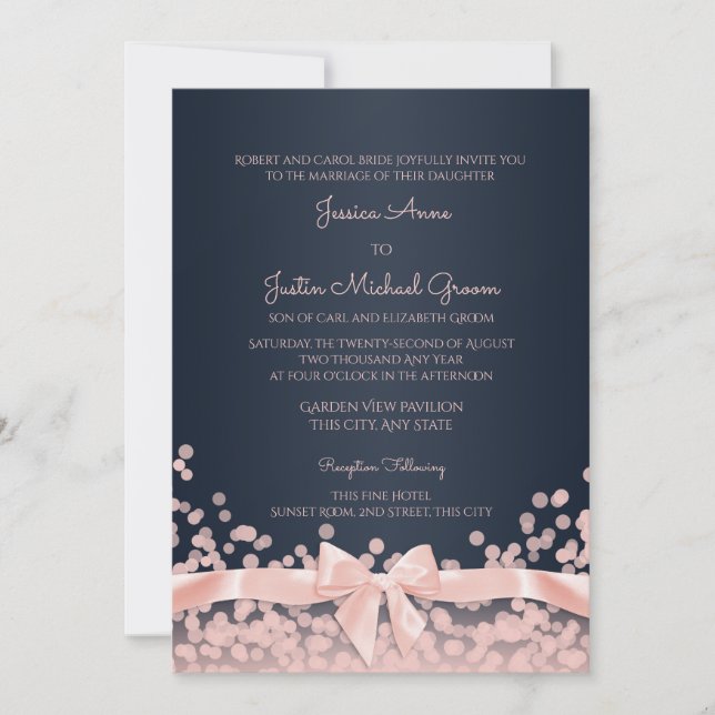 Bokeh Pink and Navy Blue Wedding Invitation (Front)