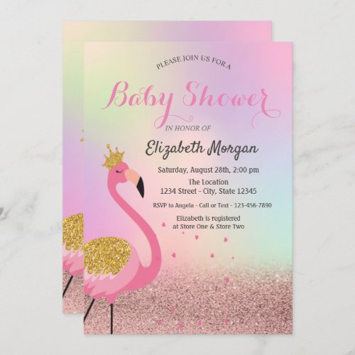 BokehPink Flamingo Holographic Baby Shower Invitation