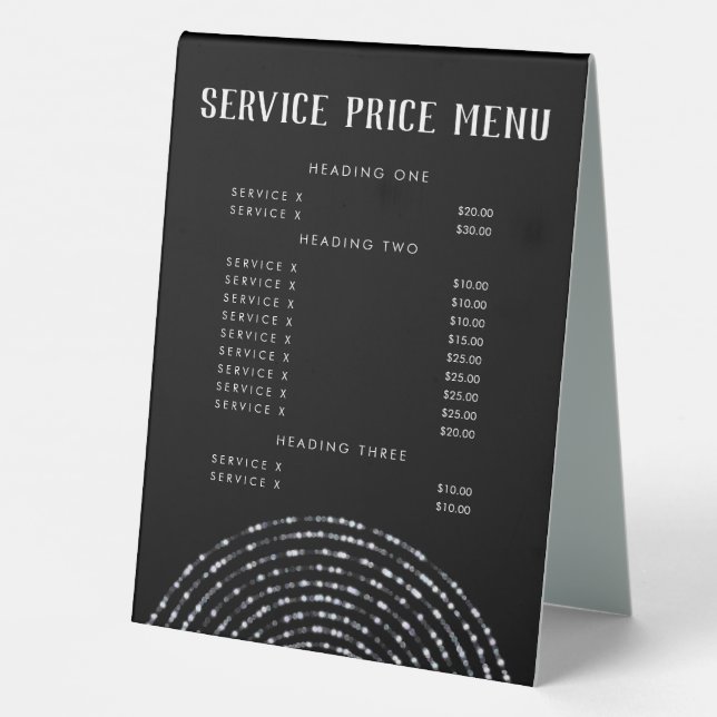 Bokeh Snowflake Elegant Service Price Menu Table Tent (Back)