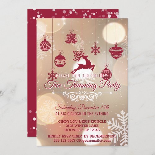 Bokeh Snowflakes Red Holiday Tree Trimming Party Invitation