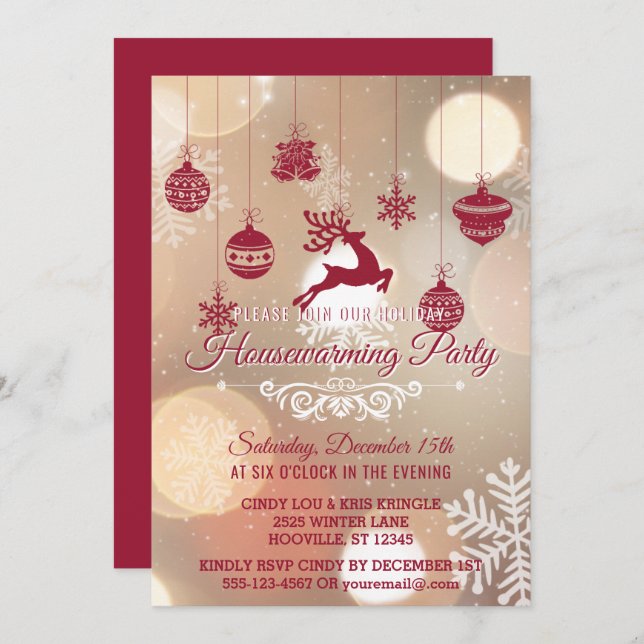 Bokeh Snowflakes Winter Holiday Housewarming Party Invitation (Front/Back)
