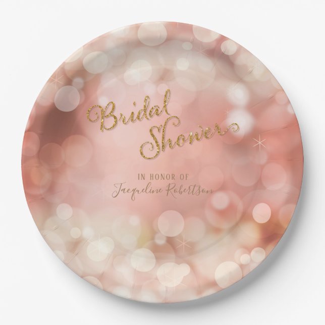 Bokeh Sparkle Twinkle Lights Pastel Pink Bridal Paper Plates (Front)