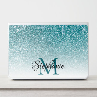 Bokeh Teal Glitter Photo White Ombre Monogram HP Laptop Skin