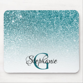 Bokeh Teal Glitter White Ombre Monogram Mouse Pad