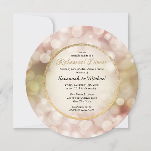 Bokeh Twinkle Sparkle Gold Rehearsal Dinner Invite