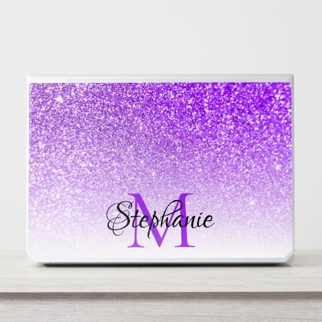 Bokeh Violet Glitter Photo White Ombre Monogram HP Laptop Skin (Front)
