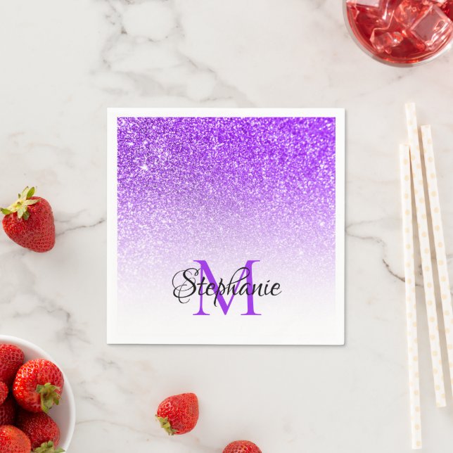 Bokeh Violet Glitter White Ombre Monogram Napkins (Insitu)