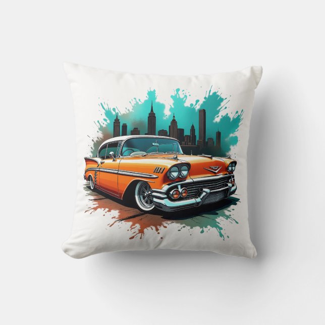 Bold 1958 Car with Skyline and Paint Splash Design Throw Pillow (Front)