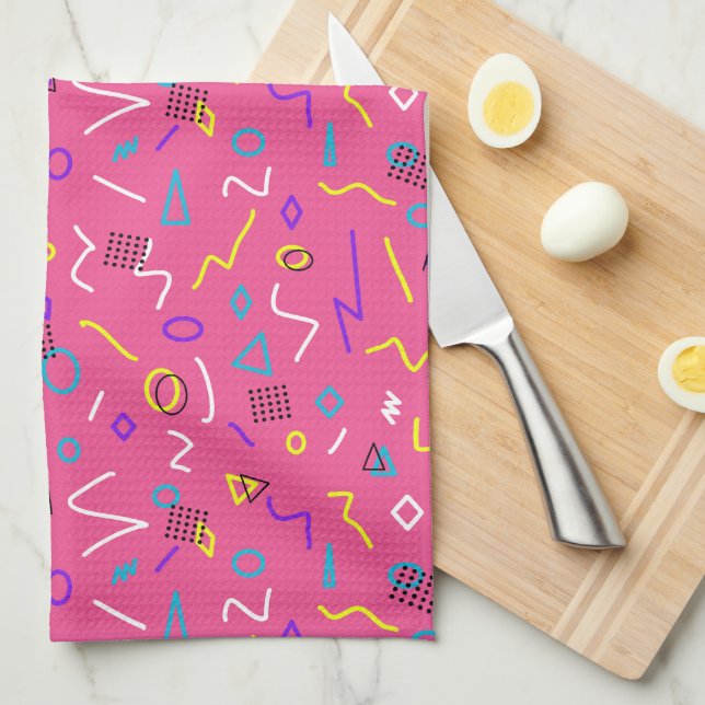 Bold 1980s Memphis Style Shapes on Pink Pattern Kitchen Towel (Quarter Fold)