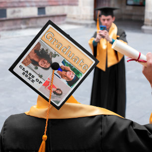Bold 2024 Black White Gold Multi Photo Graduate Graduation Cap Topper