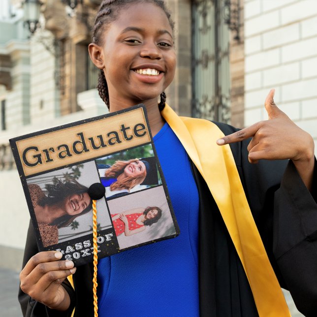 Bold 2024 Gold Black White Multi Photo Graduate Graduation Cap Topper (Creator Uploaded)
