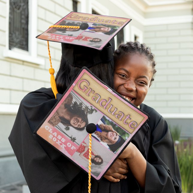 Bold 2024 Gold Pink Orange Multi Photo Graduate Graduation Cap Topper (Creator Uploaded)