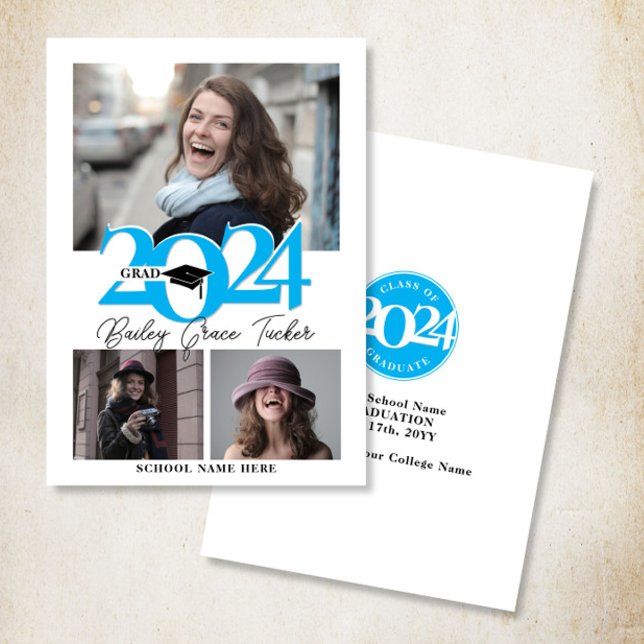 Bold 2024 GRAD Cap 3-Photo Sky Blue Graduation Announcement (Creator Uploaded)