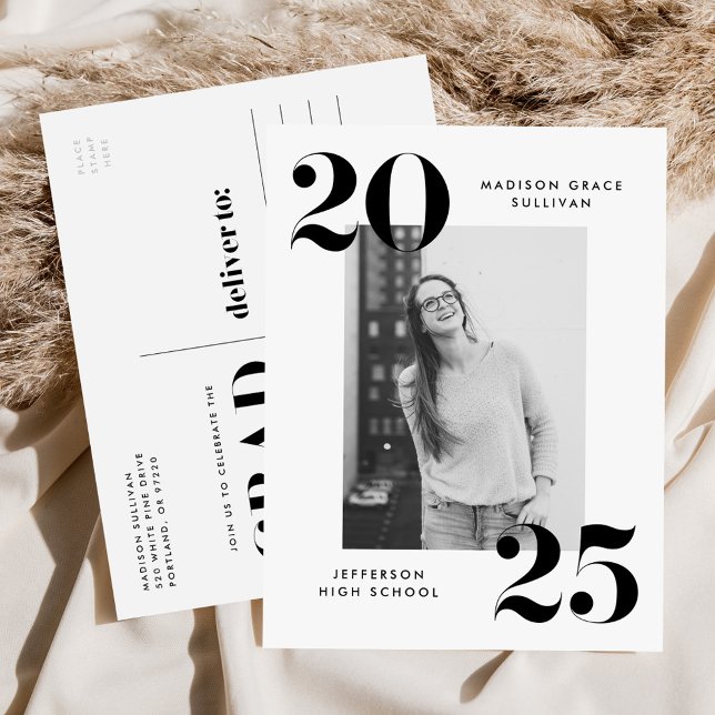 Bold 2025 Black Lettering Photo Graduation Party Invitation Postcard (Creator Uploaded)