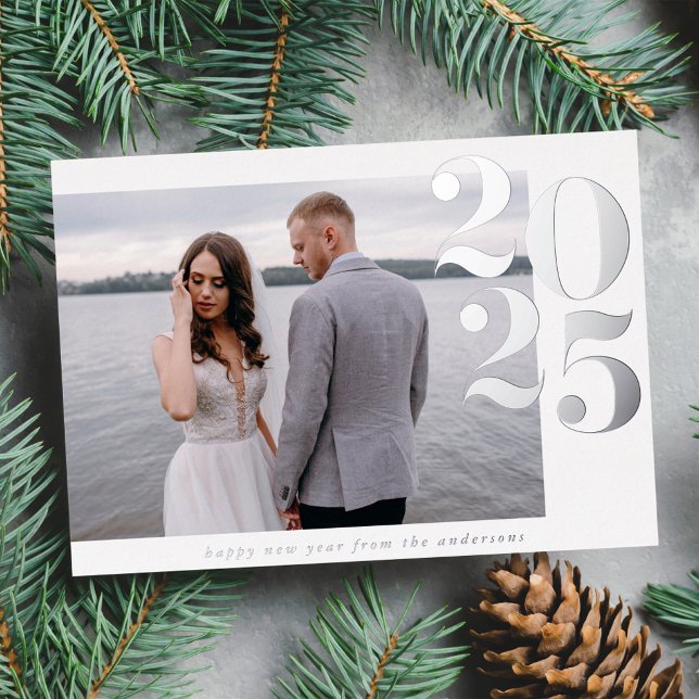 Bold 2025 New Year Photo Silver Foil Holiday Card (Creator Uploaded)