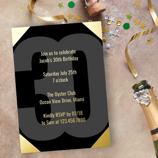 Bold 30th Birthday Luxe Black and Gold Foil Invitation (Luxe 30th Birthday Invitation in black and gold with Bold Oversized Number and Typography)