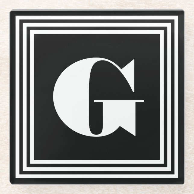 Bold 3 Frame Monogram | Black & White Glass Coaster (Front)