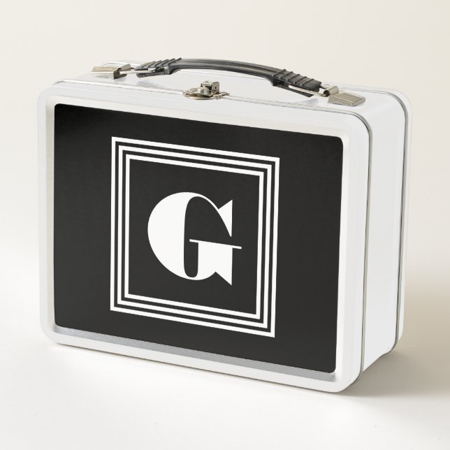 Bold 3 Frame Monogram | Black & White Metal Lunch Box (Front)