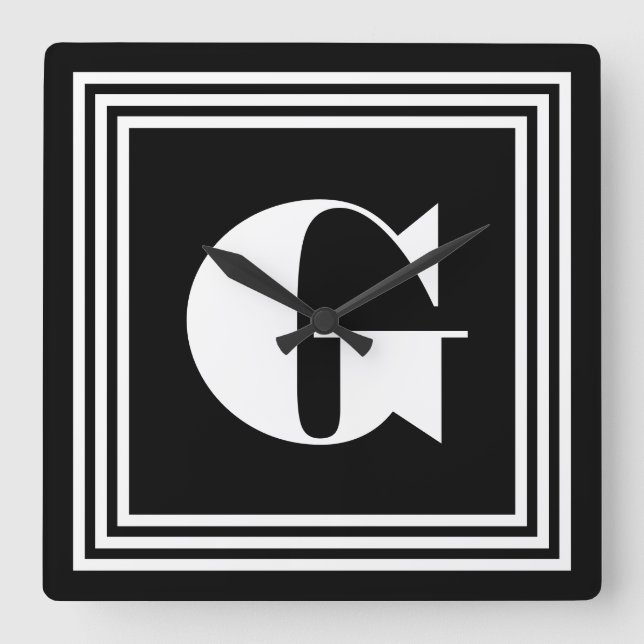 Bold 3 Frame Monogram | Black & White Square Wall Clock (Front)