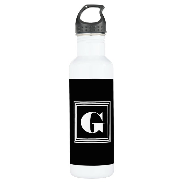 Bold 3 Frame Monogram | Black & White Stainless Steel Water Bottle (Front)