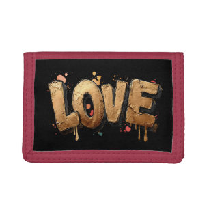 Bold 3D Graffiti Art of the Word "LOVE" in Gold Trifold Wallet