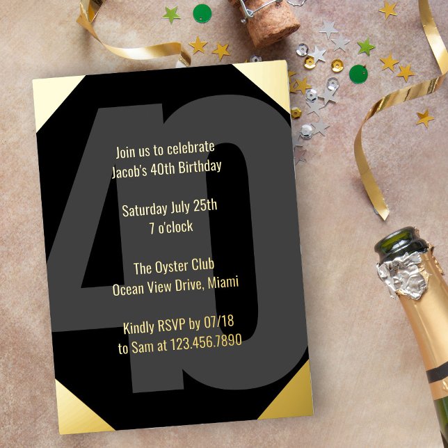 Bold 40th Birthday Luxe Black and Gold Foil Invitation (Luxe 40th Birthday Invitation in black and gold with Bold Oversized Number and Typography)