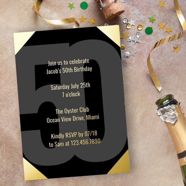 Bold 50th Birthday Luxe Black and Gold Foil Invitation (Luxe 50th Birthday Invitation in black and gold with Bold Oversized Number and Typography)