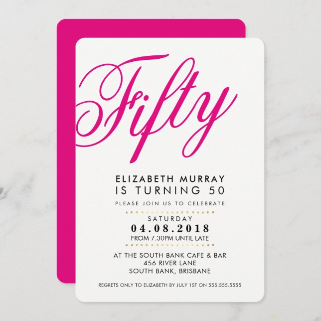 BOLD 50TH birthday party INVITE script black pink (Front/Back)