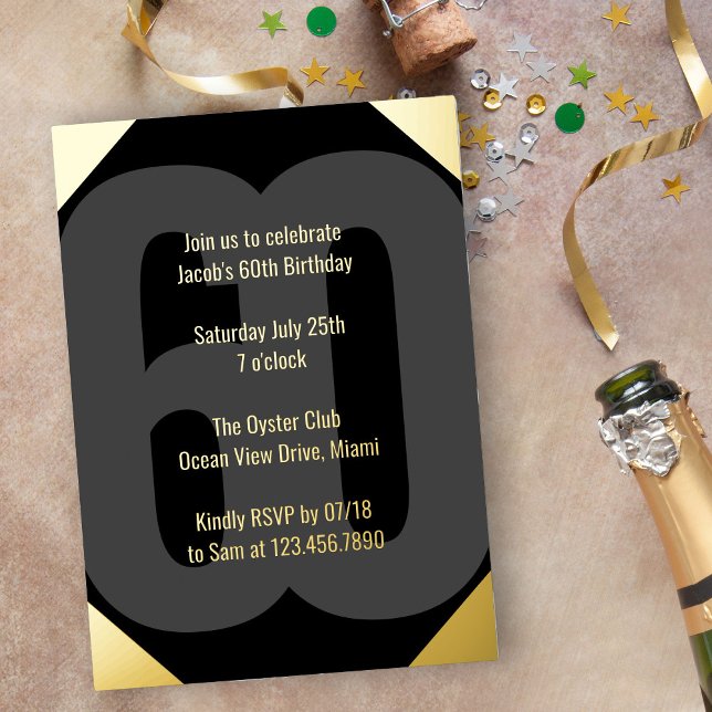 Bold 60th Birthday Luxe Black and Gold Foil Invitation (Luxe 60th Birthday Invitation in black and gold with Bold Oversized Number and Typography)