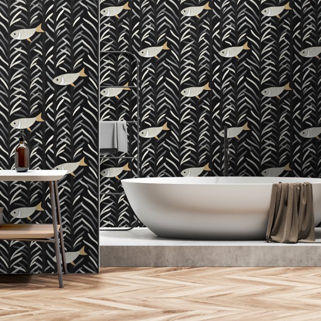 Bold Abstract Black and White Fish Removable Wallpaper (Creator Uploaded)