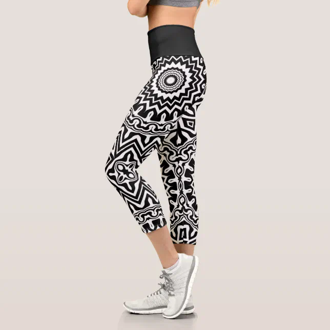 Bold Abstract Black and White Mandala Pattern Capri Leggings | Zazzle
