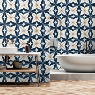 Bold Abstract Blue and Off White Moroccan Tile Wallpaper