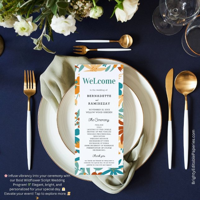 Bold Abstract Bright Wildflower Script Wedding Men Program (Elegance scripted in vibrant blooms! 🌸✨ #WeddingProgram)