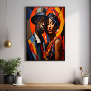 Bold Abstract Cubism Couple Portrait – Modern Art Poster