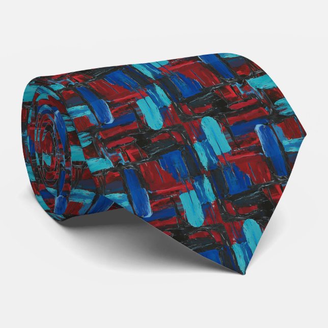 Bold Abstract Expressionist Ruby and Turquoise Neck Tie (Rolled)