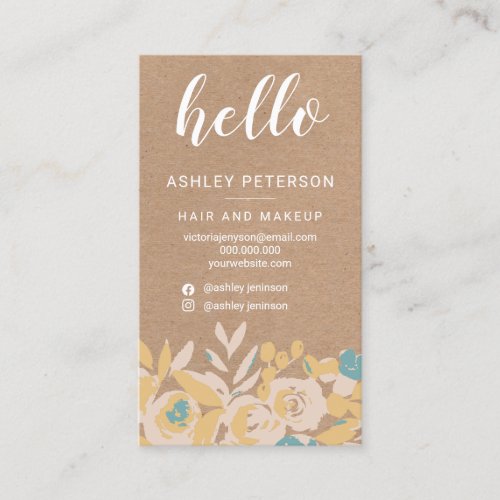 Bold abstract floral brown kraft chic hello script business card