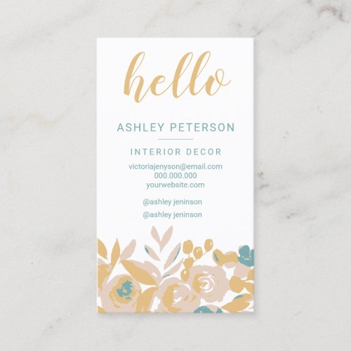 Bold abstract floral interior decor hello script business card