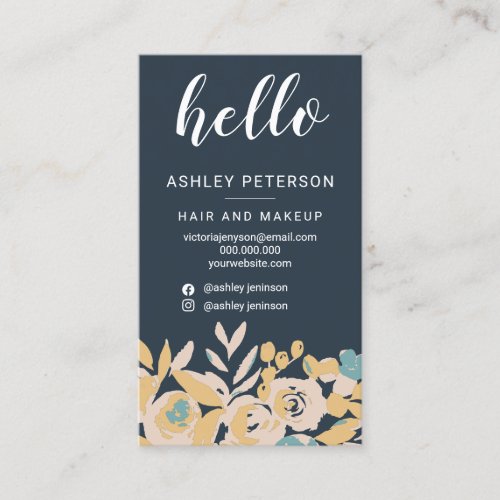 Bold abstract floral navy blue chic hello script business card