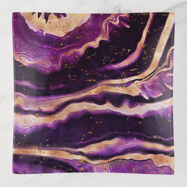 Bold Abstract Geode Dark Purple Pink Gold Agate Trinket Tray (Front)