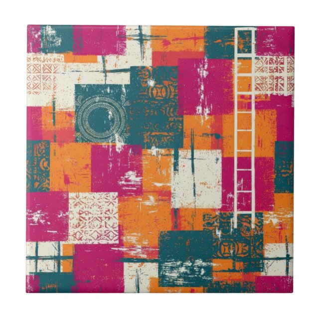 Bold Abstract Geometric - Grunge Brush Texture Ceramic Tile (Front)