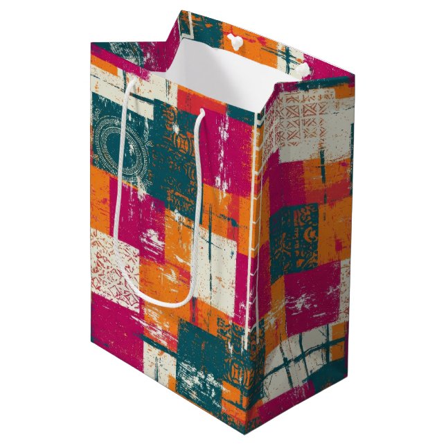 Bold Abstract Geometric - Grunge Brush Texture Medium Gift Bag (Front Angled)