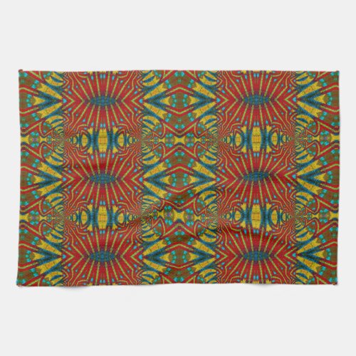 Bold Abstract Hippie Red Yellow Blue Ethnic Trippy Kitchen Towel