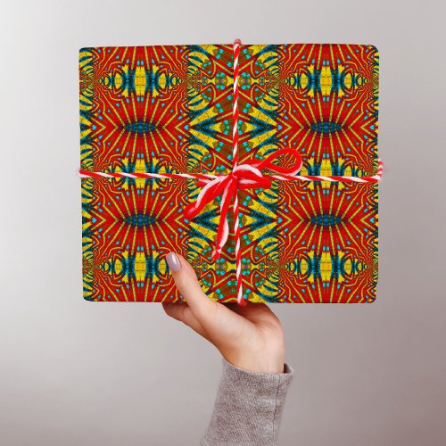 Bold Abstract Hippie Red Yellow Blue Ethnic Trippy Wrapping Paper