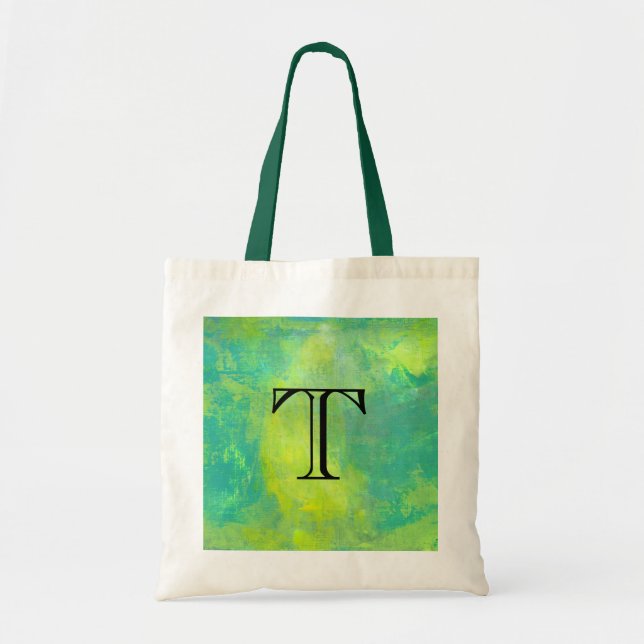 Bold Abstract In Green and Yellow Monogram Initial Tote Bag (Front)