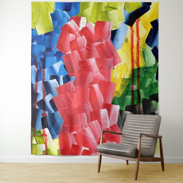 Bold Abstract in Red, Blue, Yellow, and Green Tapestry (In Situ)