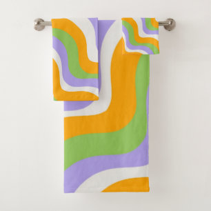 Bold Abstract Orange Green Purple Wavy Stripe Bath Towel Set